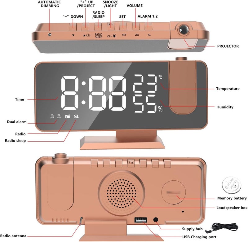 Mightree Projection Alarm Clock for Bedroom, Digital Alarm Clock with USB Charger, 7.4" Large LED Mirror Display Radio Alarm Clock, Dual Smart Alarm with Projection on Ceiling, Rose Gold - Image 2